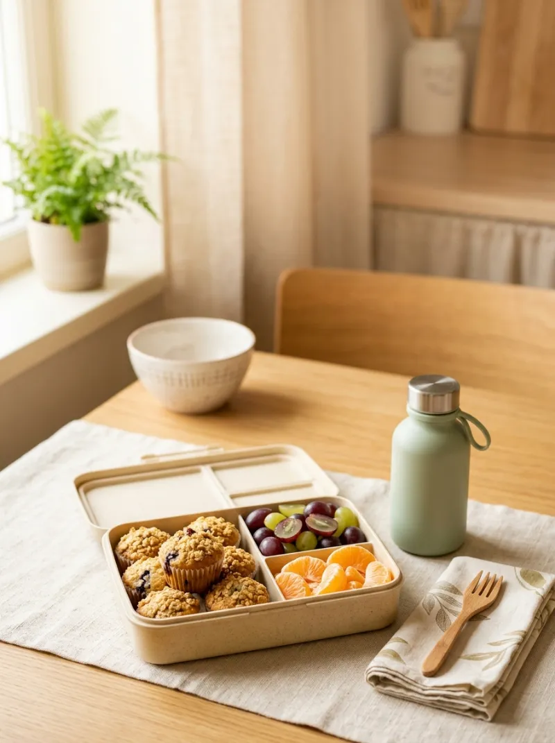Lancheira aberta com mini muffins, uvas e tangerina, ao lado de uma garrafinha